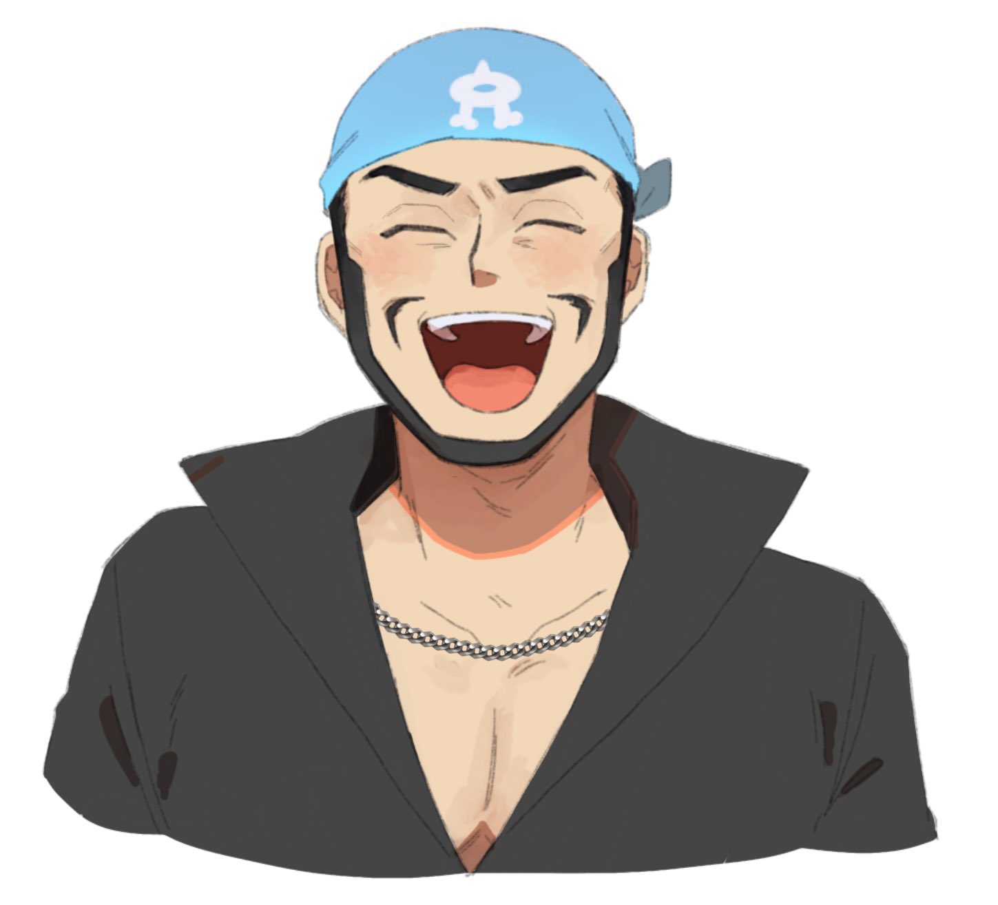 1boy :d archie_(pokemon) bandana beard black_shirt blue_bandana chain_necklace closed_eyes collared_shirt commentary_request facial_hair highres jewelry kxyosp logo male_focus necklace open_mouth pectorals pokemon pokemon_rse shirt simple_background smile solo team_aqua teeth tongue upper_body upper_teeth_only white_background