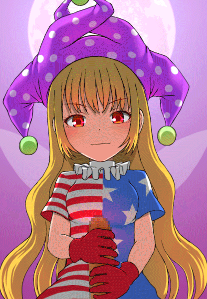 1boy 1girl american_flag_dress animated animated_gif bad_id bad_nijie_id blonde_hair blush breasts censored clownpiece commentary_request fairy_wings full_moon gloves handjob hat head_tilt hetero jester_cap long_hair looking_at_viewer medium_breasts moon mosaic_censoring neck_ruff open_mouth polka_dot polka_dot_headwear pov purple_background purple_headwear red_eyes red_gloves regi short_sleeves simple_background smile solo_focus star_(symbol) star_print talking teeth touhou upper_body very_long_hair wings