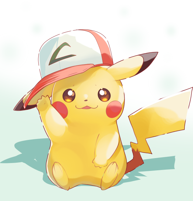 :3 animal_focus arm_up baseball_cap clothed_pokemon hat looking_at_viewer no_humans on_floor open_mouth pikachu pokemon pokemon_(anime) pokemon_(creature) red_headwear shadow srinitybeast tail white_background