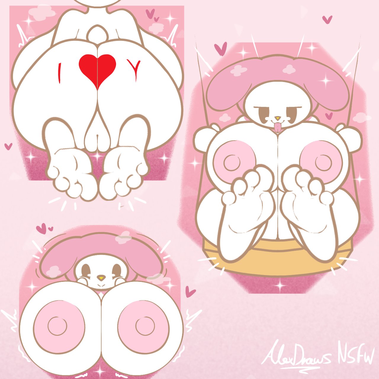 &lt;3 alexdraws animal_humanoid anthro areola big_breasts breasts clothing feet female genitals hat headgear headwear hi_res holidays humanoid lagomorph lagomorph_humanoid leporid leporid_humanoid looking_at_viewer mamal mammal mammal_humanoid multiple_poses my_melody nipples onegai_my_melody pink_nipples plump_labia pose pussy rear_view sanrio simple_background simple_eyes solo tail text tongue tongue_out valentine's_day white_body