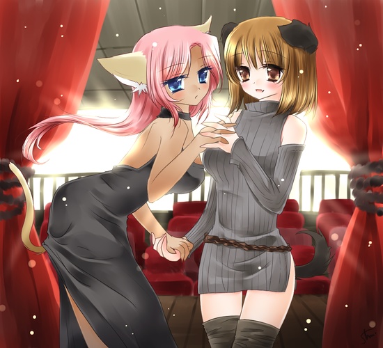 :d :o animal_ears belt blonde_hair blue_eyes blush brown_eyes cat_ears cat_tail curtains dark_skin dog_ears dog_tail dress holding_hands indoors long_hair multiple_girls open_mouth original pale_skin parted_lips pink_hair ribbed_dress short_hair side_slit smile soumoto_mina tail thighhighs
