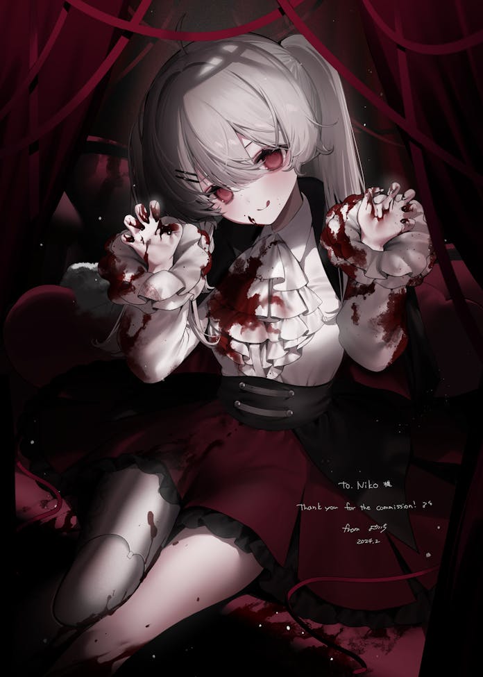 1girl :q ascot blood blood_on_cheek blood_on_clothes blood_on_face blood_on_hands blush claw_pose collared_shirt commentary commission cowboy_shot english_commentary frilled_ascot frilled_skirt frilled_sleeves frills grey_hair hair_between_eyes hair_ornament hairclip hands_up head_tilt jpeg_artifacts light_particles long_hair long_sleeves looking_at_viewer original prosthesis prosthetic_leg red_eyes red_ribbon red_skirt ribbon shirt sitting skeb_commission skirt smile solo thank_you tongue tongue_out underbust white_ascot white_shirt youichi_(45_01)