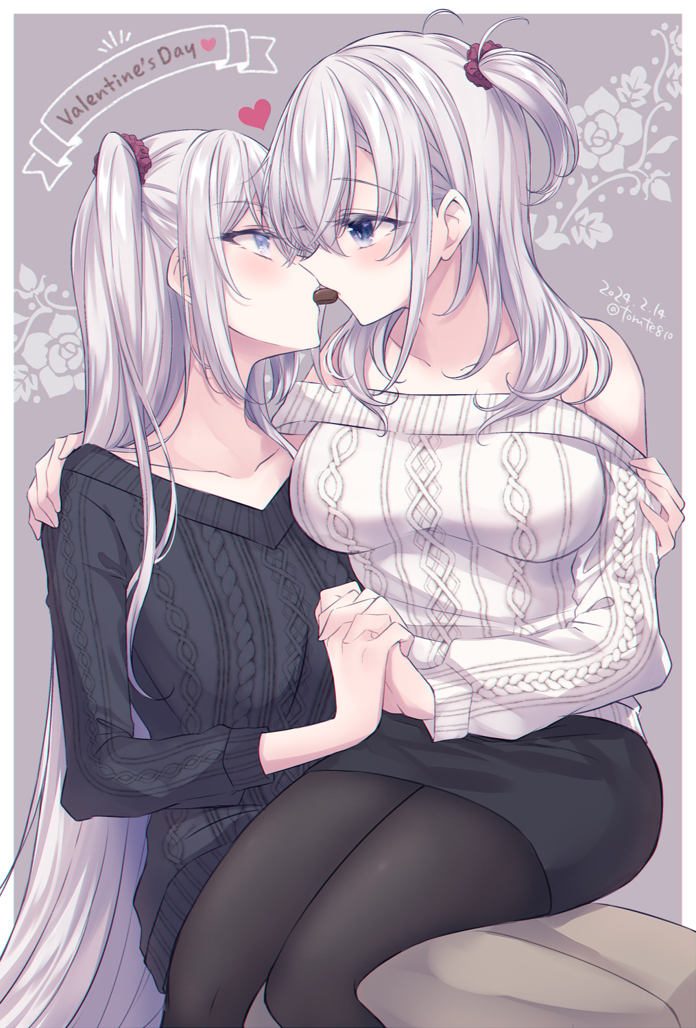 2girls alternate_costume aran_sweater bare_shoulders black_pantyhose black_skirt black_sweater blue_eyes blush breasts cable_knit chocolate fuyutsuki_(kancolle) grey_hair heart highres holding_hands kabocha_torute kantai_collection large_breasts long_hair long_sleeves multiple_girls off-shoulder_sweater off_shoulder pantyhose shared_food sitting sitting_on_lap sitting_on_person skirt suzutsuki_(kancolle) sweater valentine very_long_hair white_sweater yuri