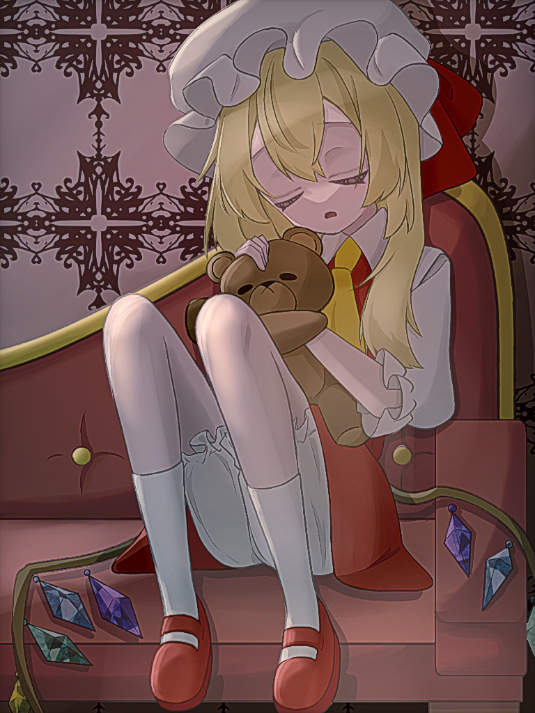 1girl ascot bloomers closed_eyes couch crystal_wings flandre_scarlet full_body hat hat_ribbon mary_janes medium_hair mob_cap on_couch open_mouth red_ribbon ribbon shoes side_ponytail sleeping sleeping_upright solo stuffed_animal stuffed_toy teddy_bear touhou user_ymkd7372 yellow_ascot