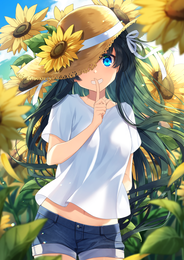 1girl arm_behind_back blue_eyes blue_shorts blue_sky cloud cloudy_sky field finger_to_mouth flower flower_field green_hair hair_ornament hat long_hair looking_at_viewer natsu_mikan_(clutch) navel one_eye_covered original outdoors shirt short_sleeves shorts shushing sky smile straw_hat sunflower sunflower_field teeth very_long_hair white_shirt