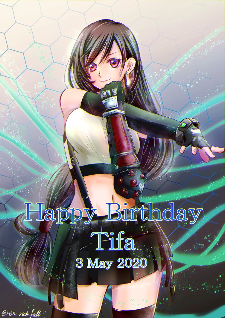 1girl bare_shoulders black_bra black_gloves black_hair black_skirt black_thighhighs bra breasts brown_eyes character_name closed_mouth cowboy_shot crop_top dangle_earrings dated earrings elbow_gloves elbow_pads final_fantasy final_fantasy_vii final_fantasy_vii_remake fingerless_gloves gloves gradient_background hair_between_eyes hair_tie happy_birthday honeycomb_(pattern) honeycomb_background jewelry large_breasts lifestream long_hair looking_at_viewer low-tied_long_hair midriff miniskirt navel pleated_skirt red_eyes ren_rainfall shirt single_elbow_pad skirt sleeveless sleeveless_shirt smile solo sports_bra stretching suspenders thighhighs tifa_lockhart twitter_username underwear white_shirt