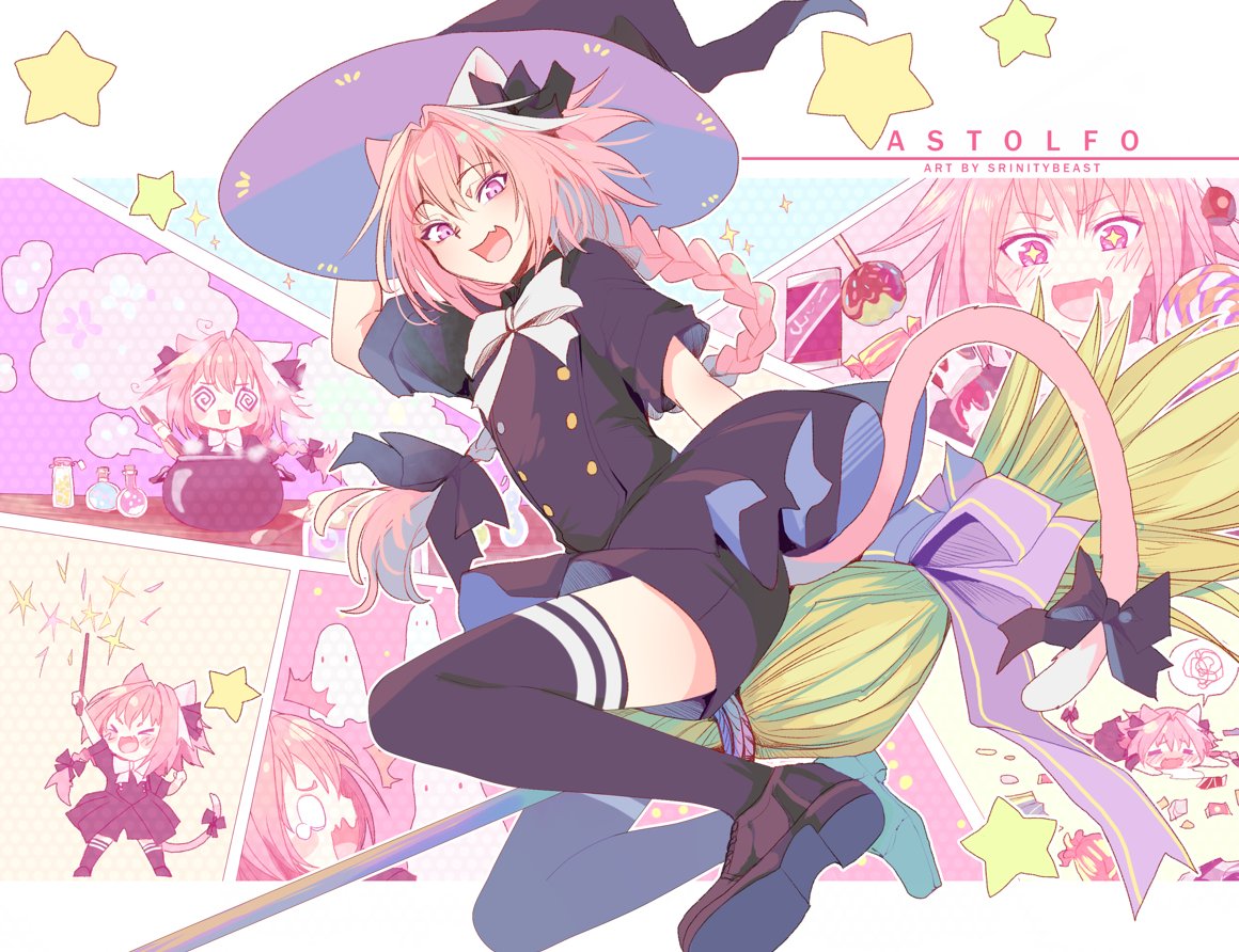 +_+ 1boy @_@ alternate_costume animal_ears artist_name astolfo_(apocrypha_epilogue)_(fate) astolfo_(fate) black_bow black_dress black_thighhighs blush bow braid broom broom_riding candy candy_apple cat_boy cat_ears cat_tail cauldron character_name chocolate chocolate_bar dress fang fate/apocrypha fate_(series) food ghost hair_bow hair_intakes halloween hand_on_headwear hat large_bow lollipop long_hair multicolored_hair open_mouth otoko_no_ko pink_hair potion purple_eyes purple_ribbon ribbon single_braid skin_fang smile sparkle srinitybeast star_(symbol) streaked_hair swirl_lollipop tail tail_bow tail_ornament thighhighs wand white_bow white_hair witch_hat