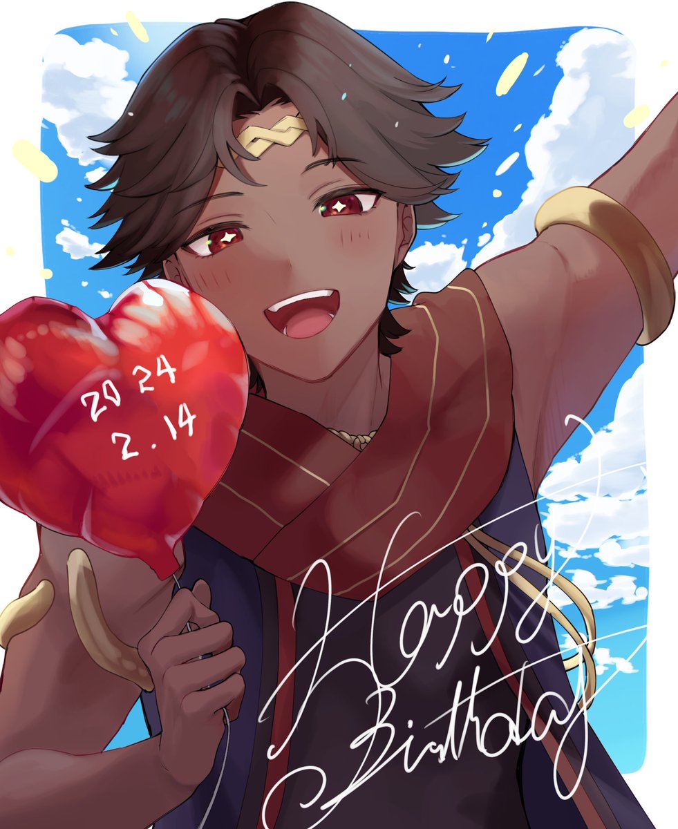 1boy armband balloon dark-skinned_male dark_skin dated fire_emblem fire_emblem_engage fogado_(fire_emblem) gold_headband happy_birthday heart_balloon highres open_mouth sakura_no_yoru star-shaped_pupils star_(symbol) symbol-shaped_pupils teeth upper_body upper_teeth_only very_dark_skin