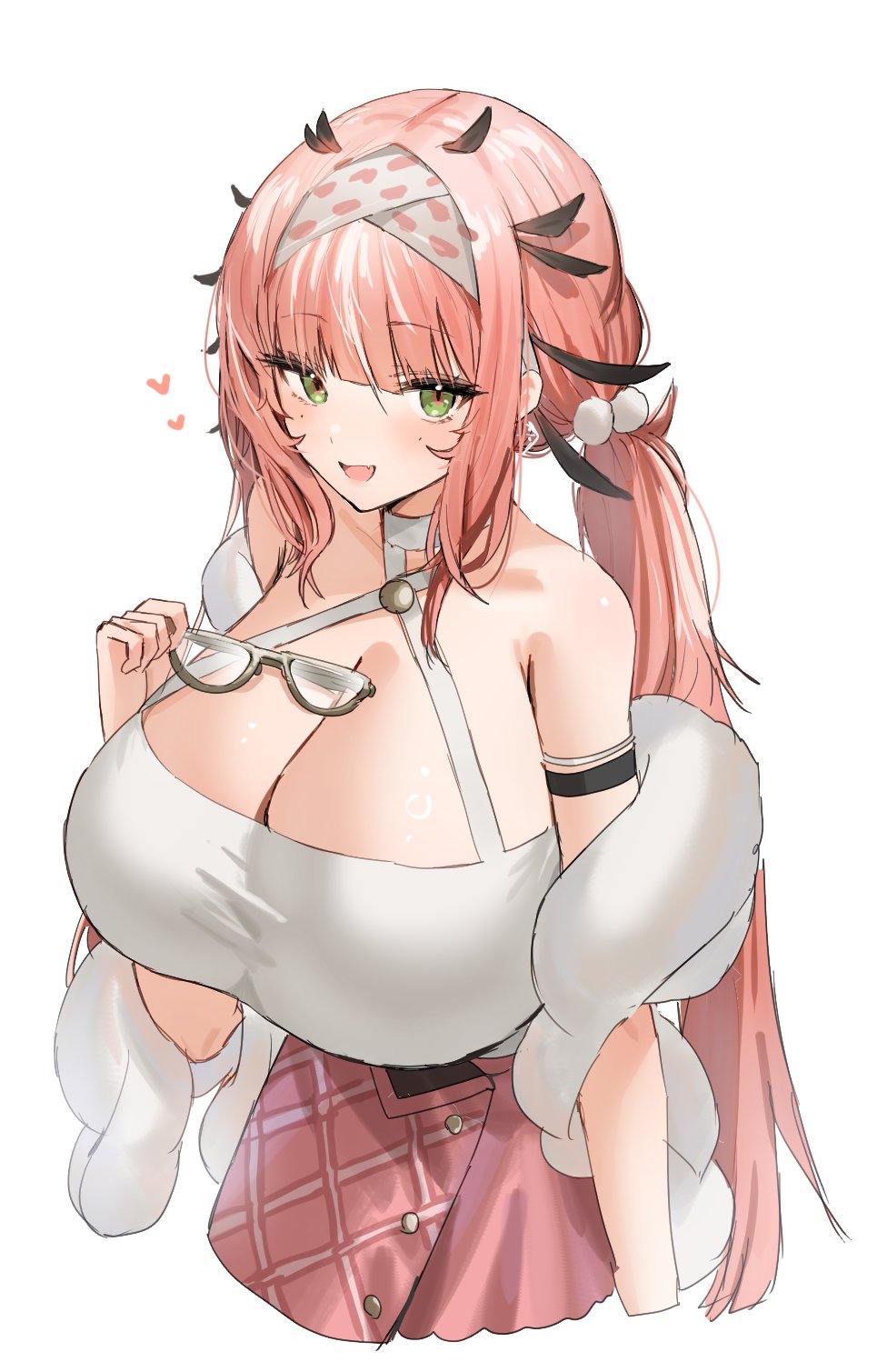 1girl arknights bare_shoulders blunt_bangs blush breasts cleavage commentary criss-cross_halter erato_(arknights) fang feather_boa feather_hair green_eyes hair_ornament hair_wings halterneck heart highres holding holding_removed_eyewear horn/wood huge_breasts long_hair looking_at_viewer low_twintails open_mouth pink_skirt pom_pom_(clothes) pom_pom_hair_ornament simple_background skin_fang skirt smile solo twintails unworn_eyewear white_background white_headwear