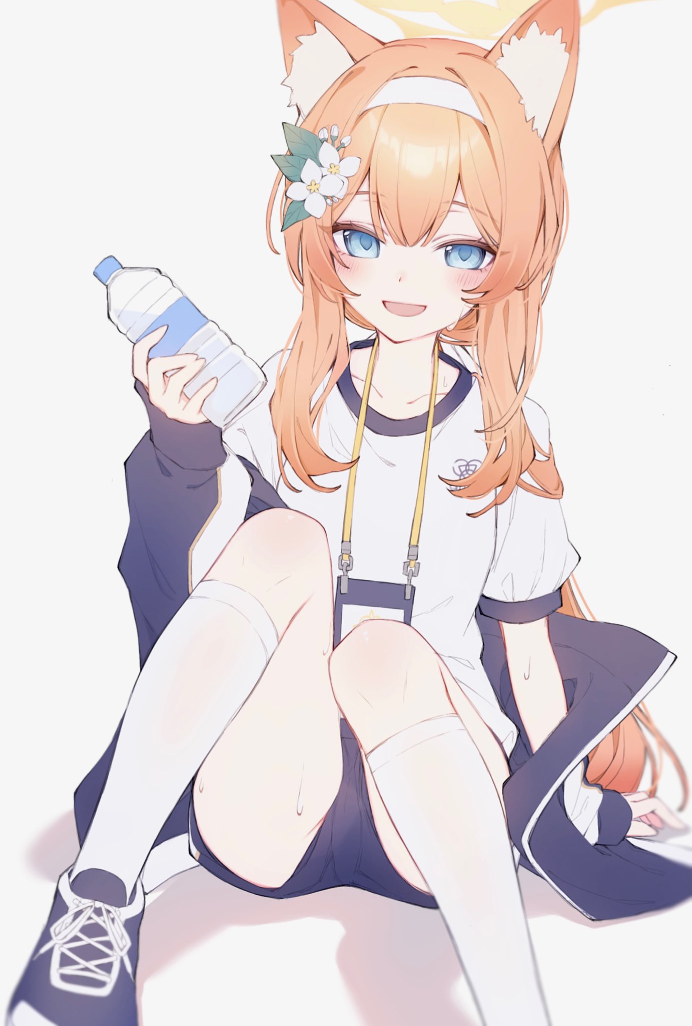 1girl animal_ears blonde_hair blue_archive blue_eyes bottle breasts hair_between_eyes halo highres hk_nnm holding holding_bottle jersey long_hair long_sleeves looking_at_viewer mari_(blue_archive) mari_(track)_(blue_archive) open_mouth shoes simple_background smile solo sportswear sweat sweatdrop sweater water_bottle white_background