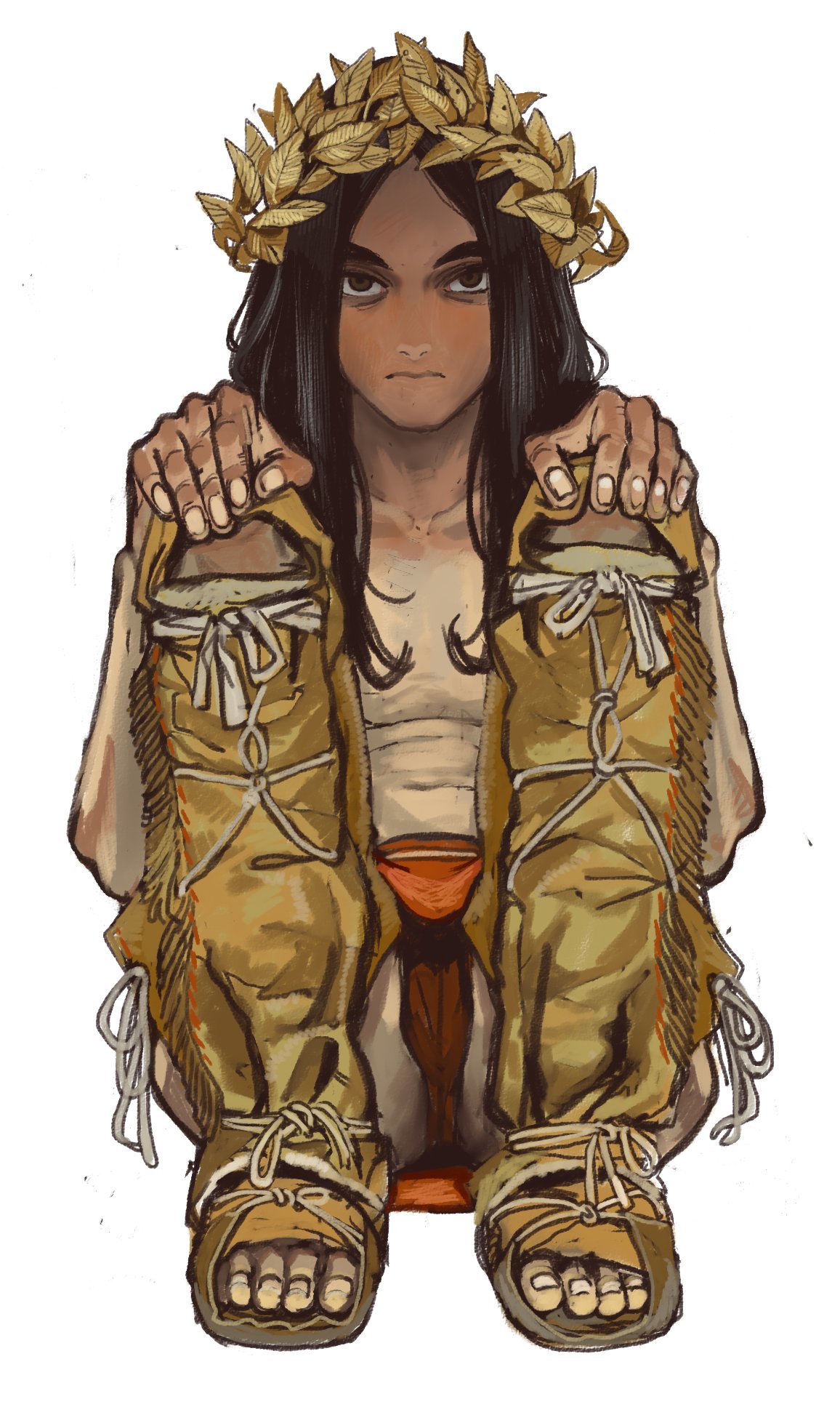 1boy aged_down androgynous bishounen black_hair brown_eyes brown_footwear brown_pants crotchless crotchless_pants emperor_of_mankind expressionless hands_on_own_knees highres laurel_crown loincloth long_hair looking_at_viewer mossacannibalis pants red_loincloth simple_background sitting solo topless_male very_long_hair warhammer_40k white_background