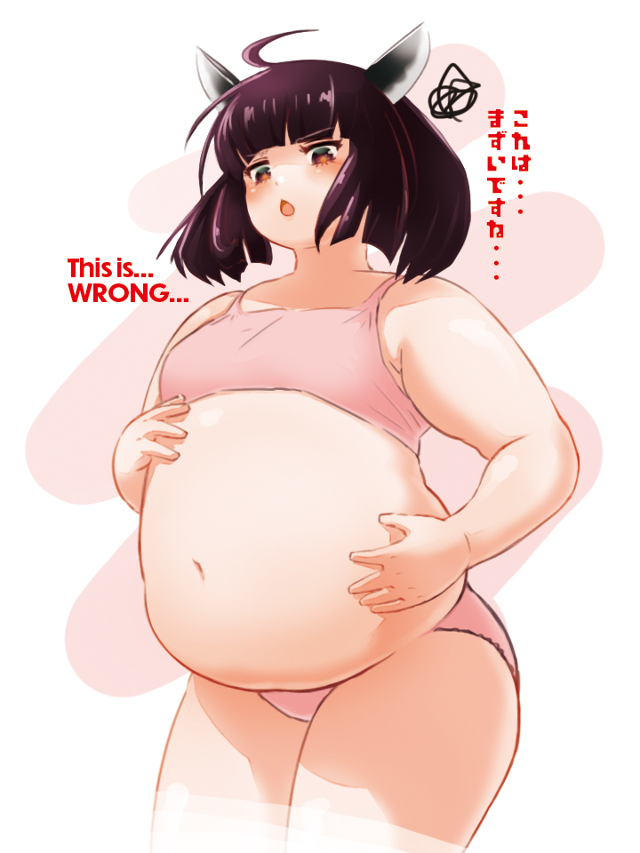 1girl ahoge alternate_body_size blunt_bangs blush brown_hair commentary_request cowboy_shot cropped_legs dot_nose english_text fat hand_on_own_stomach medium_hair navel open_mouth panties pink_background pink_panties squiggle thick_arms thick_thighs thighs touhoku_kiritan underwear underwear_only voiceroid white_background wo!uka
