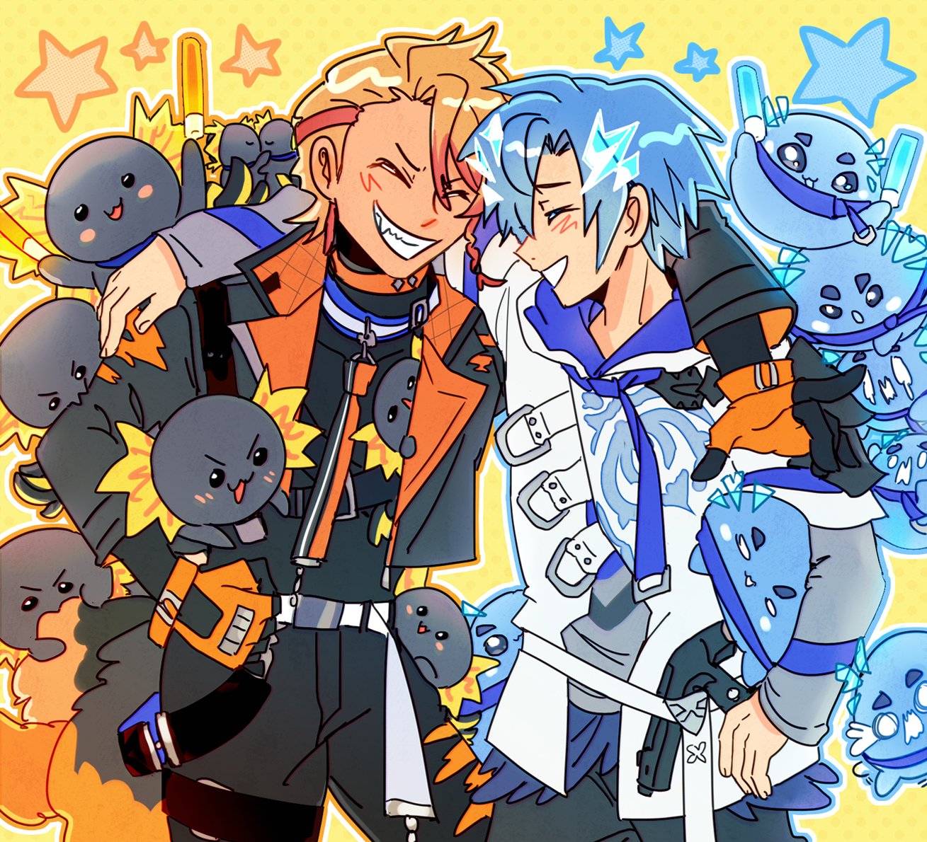 2boys altventurer_(regis_altare) arms_on_another's_shoulder axel_syrios axelotl_(axel_syrios) axolotl black_gloves blonde_hair blue_collar blue_hair braid closed_eyes collar curtained_hair english_commentary facing_another gloves grin happy holostars holostars_english hood hoodie layered_sleeves long_sleeves male_focus ministarfruit multicolored_hair multiple_boys orange_collar orange_gloves outline red_hair regis_altare short_hair short_over_long_sleeves short_sleeves side_braid slime_(creature) smile streaked_hair teeth upper_body virtual_youtuber white_hoodie white_outline yellow_background