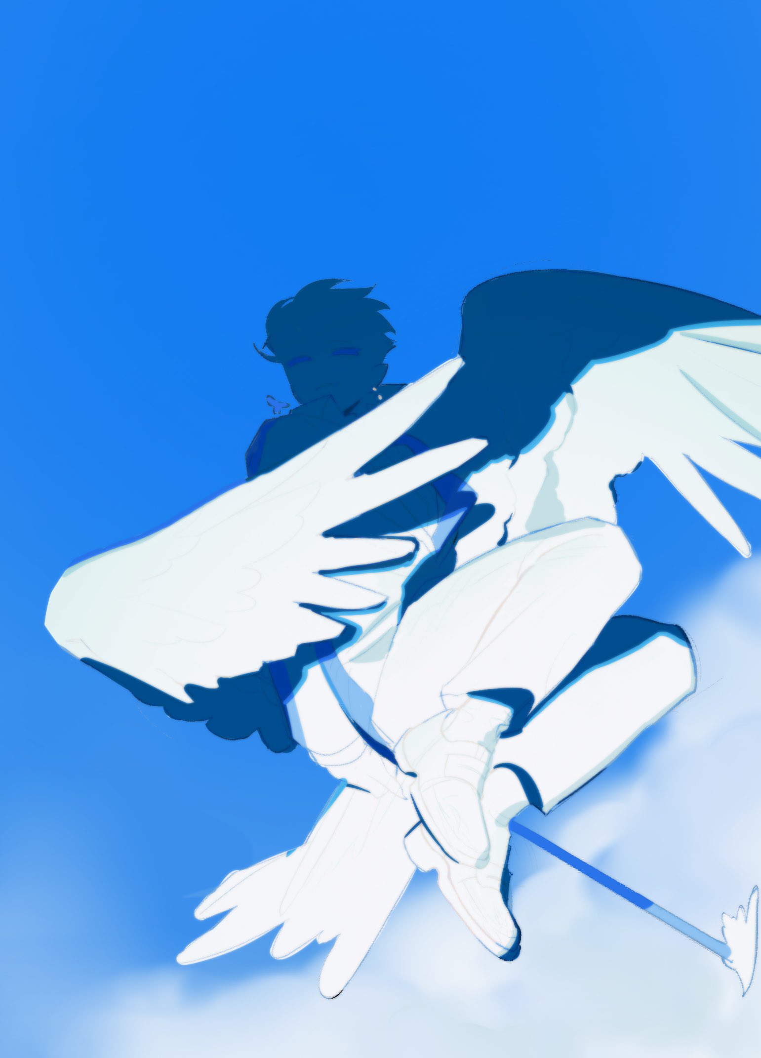 1boy bird_boy bird_tail bird_wings blank_eyes blue_background blue_eyes blue_footwear blue_hair blue_jacket blue_necktie blue_pants blue_sky blue_theme blue_wings claws closed_mouth cloud collared_shirt feathered_wings flying full_body highres holding holding_staff jacket korean_commentary long_sleeves looking_at_viewer male_focus necktie original pants pointy_ears sasi_mozzi1 shadow shirt short_hair sky solo staff tail wings