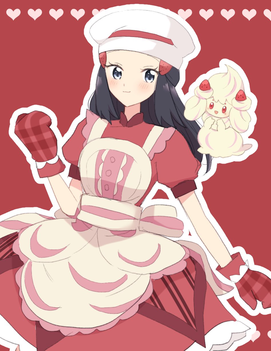 1girl alcremie apron black_hair blush buttons chef_hat closed_mouth commentary_request dawn_(palentine's_2021)_(pokemon) dawn_(pokemon) dress eyelashes grey_eyes hair_ornament hairclip hand_up hat heart highres long_hair mittens official_alternate_costume ohn_pkmn outline pokemon pokemon_(creature) pokemon_masters_ex red_background red_dress red_mittens short_sleeves sidelocks smile white_headwear