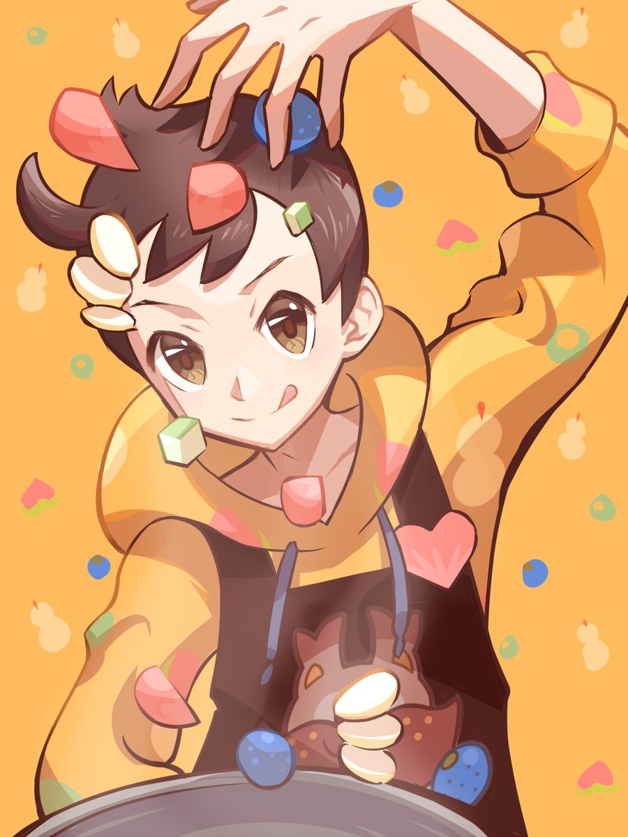 1boy :q apron arm_up brown_apron brown_eyes brown_hair character_print closed_mouth dropping ffccll highres hood hood_down hoodie male_focus official_alternate_costume pokemon pokemon_masters_ex print_apron short_hair sleeves_past_elbows smile solo tassel tongue tongue_out upper_body victor_(palentine's_2024)_(pokemon) victor_(pokemon) yellow_hoodie
