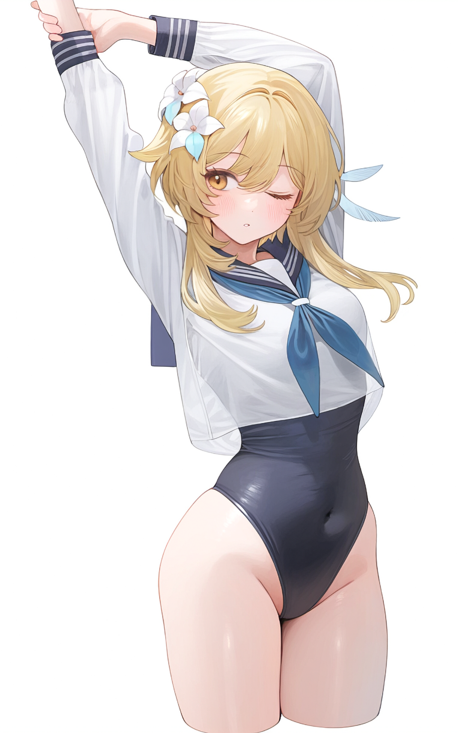 1girl ai-assisted arms_behind_head arms_up black_one-piece_swimsuit blonde_hair blue_neckerchief blue_sailor_collar blush breasts commentary competition_school_swimsuit covered_navel crop_top crop_top_overhang cropped_legs cropped_shirt dot_nose feather_hair_ornament feathers flower genshin_impact hair_between_eyes hair_flower hair_intakes hair_ornament highleg highleg_swimsuit highres holding_own_wrist legs_together long_sleeves looking_to_the_side lumine_(genshin_impact) medium_breasts neckerchief one-piece_swimsuit one_eye_closed orange_eyes parted_lips poki_(j0ch3fvj6nd) sailor_collar school_swimsuit school_uniform see-through see-through_shirt short_hair_with_long_locks simple_background sleeve_cuffs solo stretching swimsuit swimsuit_under_clothes thick_thighs thighs white_background white_flower wide_hips