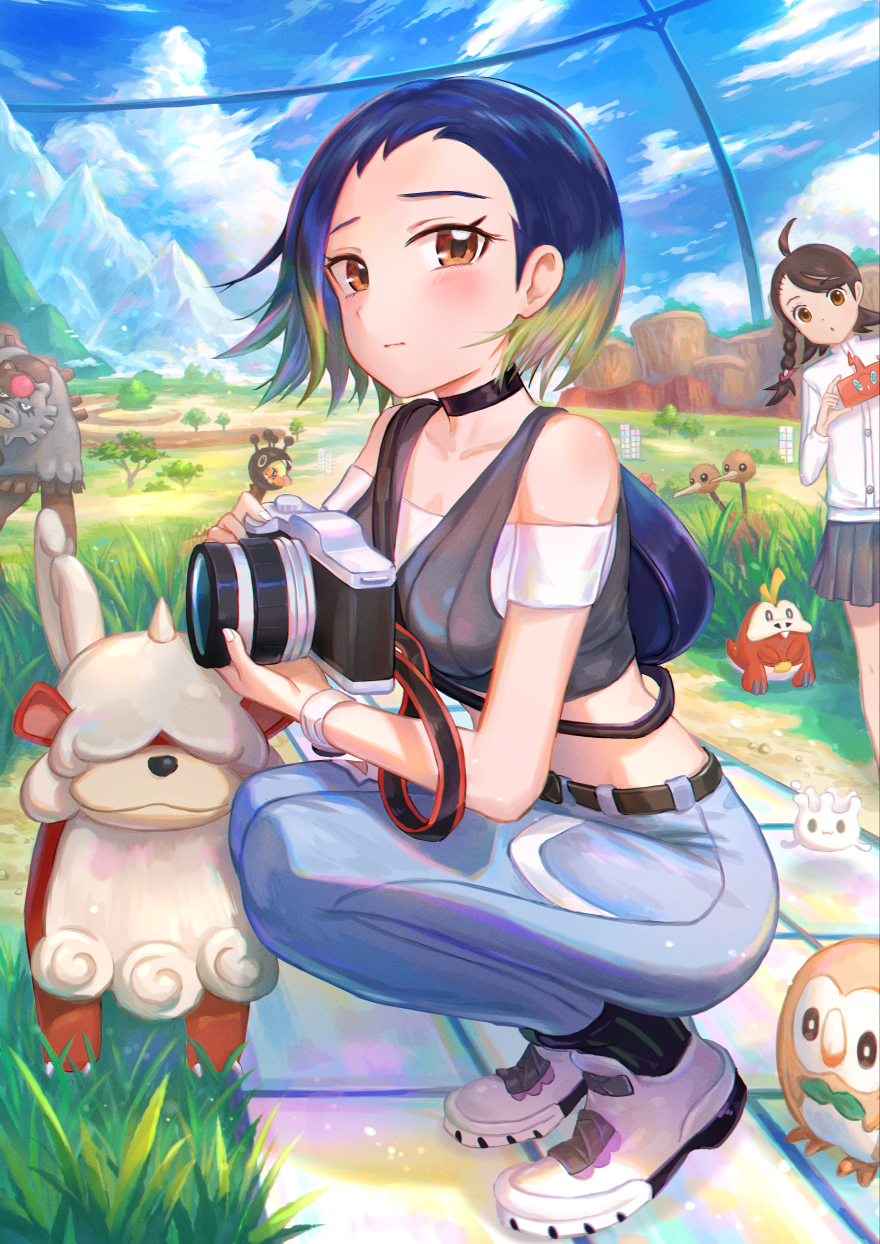 2girls belt black_belt black_socks bloodmoon_ursaluna blue_hair blue_pants blush brown_eyes brown_hair buttons camera closed_mouth cloud commentary_request day doduo eyelashes farigiraf fuecoco grass grey_vest highres hisuian_growlithe holding holding_camera juliana_(pokemon) kutsunohito milcery multiple_girls off-shoulder_shirt off_shoulder outdoors pants perrin_(pokemon) pleated_skirt pokemon pokemon_(creature) pokemon_sv ribbed_socks rotom rotom_phone rowlet shirt shoes short_hair skirt sky socks squatting standing ursaluna vest white_footwear white_shirt