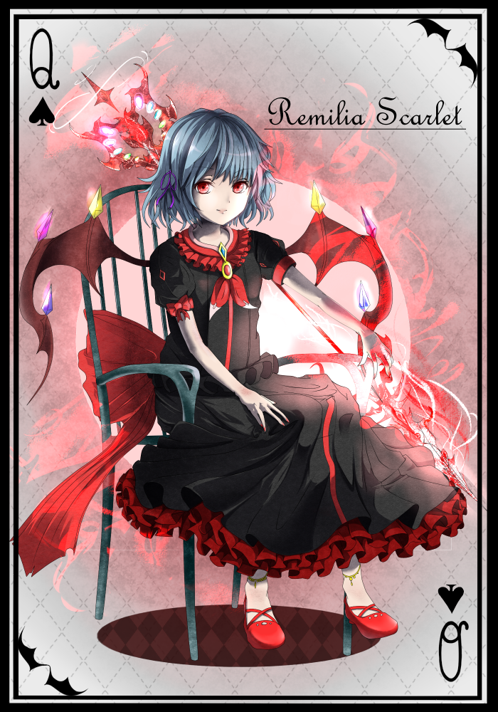 1girl alternate_costume bat_wings black_dress blue_hair bow brooch closed_mouth commentary_request dress hair_ribbon hybrid_(1212apro) jewelry looking_at_viewer no_headwear on_chair puffy_short_sleeves puffy_sleeves purple_ribbon queen_of_spades_symbol red_bow red_brooch red_eyes red_footwear remilia_scarlet ribbon short_hair short_sleeves sitting smile solo spear_the_gungnir touhou waist_bow wings