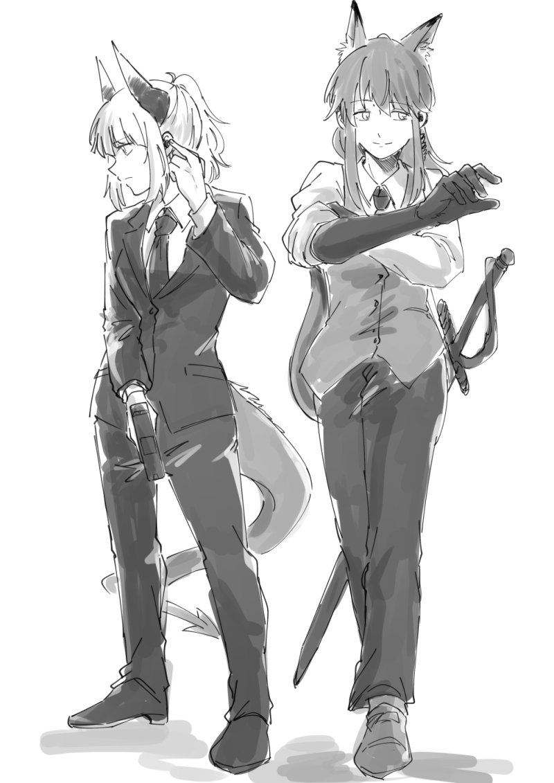 2girls alternate_costume animal_ear_fluff animal_ears arknights closed_mouth collared_shirt commentary_request dragon_girl dragon_horns dragon_tail earpiece expressionless fox_ears fox_girl franka_(arknights) full_body greyscale gun hand_on_own_ear handgun haruichi_(sazanami_complex) holding holding_gun holding_weapon horns jacket light_smile liskarm_(arknights) long_hair long_sleeves looking_down looking_to_the_side monochrome multiple_girls necktie pant_suit pants profile shirt shoes short_hair simple_background sketch split_mouth standing suit suit_jacket sword tail unfinished vest waistcoat weapon