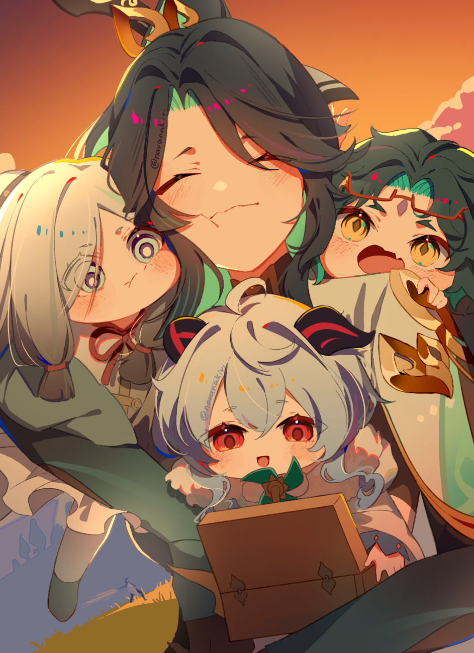 1boy 3girls black_hair blush breasts cheek-to-cheek cheek_squash closed_eyes cloud_retainer_(genshin_impact) colored_inner_hair commentary_request facial_mark forehead_mark ganyu_(genshin_impact) ganyu_(young)_(genshin_impact) genshin_impact glasses green_hair heads_together highres hug jewelry long_hair looking_at_viewer motherly multicolored_hair multiple_girls nara_nakiri necklace shenhe_(genshin_impact) shenhe_(young)_(genshin_impact) smile toy xianyun_(genshin_impact) xiao_(genshin_impact) yellow_eyes