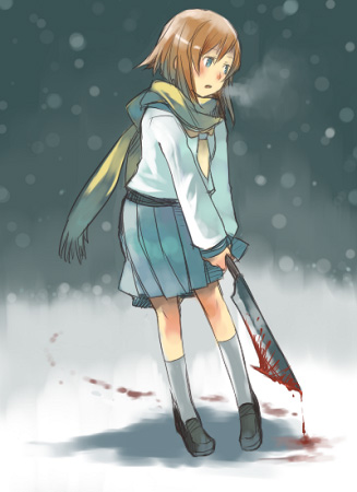 blood hanokage hatchet higurashi_no_naku_koro_ni lowres nose_hatchet ryuuguu_rena scarf school_uniform snow solo