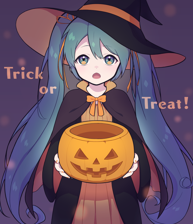 1girl alternate_costume aqua_eyes aqua_hair bow bowtie capelet gloves halloween halloween_bucket hat hatsune_miku long_hair looking_at_viewer masoogenki orange_bow orange_bowtie solo trick_or_treat twintails vocaloid witch witch_hat