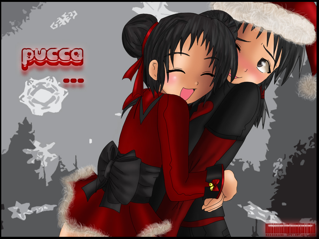 1girl artist_request bad_anatomy christmas garu hug pucca pucca_(cartoon) wallpaper