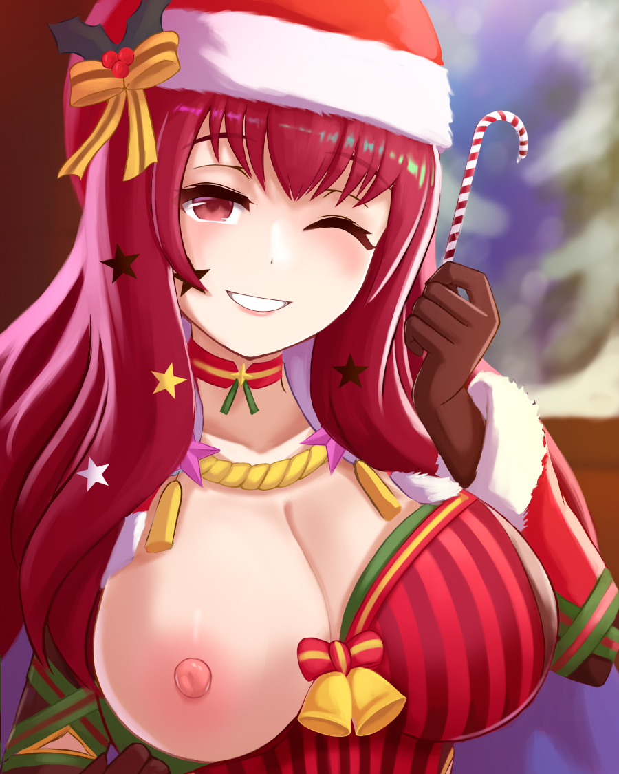 1girl blurry blurry_background breasts candy candy_cane ciderwrath collarbone commentary english_commentary eyelashes facial_mark fire_emblem fire_emblem_engage fire_emblem_heroes food hair_ornament hat holding holding_candy holding_candy_cane holding_food large_breasts long_hair nipples official_alternate_costume one_breast_out one_eye_closed red_eyes red_hair santa_hat smile solo star_(symbol) star_facial_mark star_hair_ornament teeth upper_body yunaka_(fire_emblem) yunaka_(fire_emblem)_(spirited_envoy)