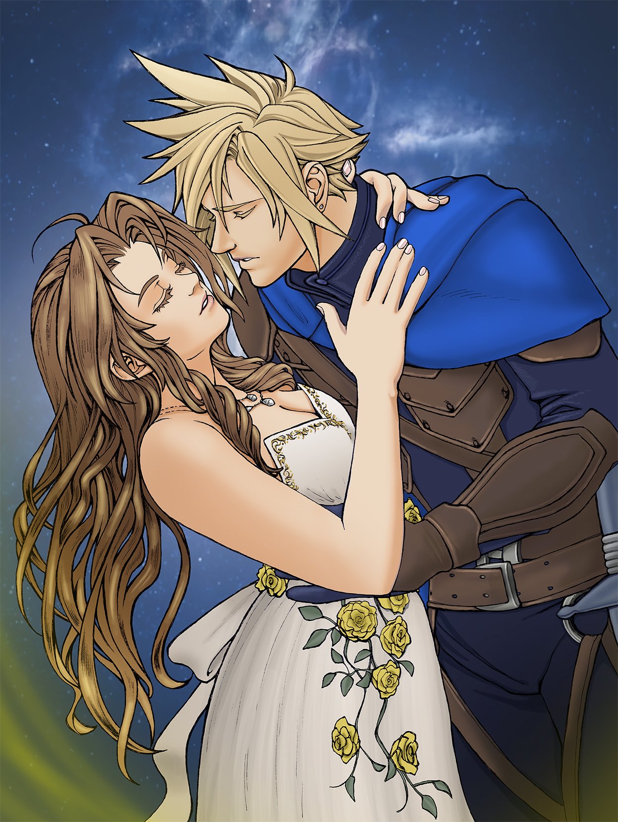 1boy 1girl aerith_gainsborough aerith_gainsborough_(white_floral_dress) arm_around_neck armor back_bow bare_arms bare_shoulders belt belt_buckle blonde_hair blue_background blue_cloak blue_gloves blue_shirt bow breasts brown_belt brown_hair buckle cleavage cloak closed_eyes cloud_strife colored_eyelashes couple cowboy_shot dress dress_flower earrings final_fantasy final_fantasy_vii final_fantasy_vii_rebirth flower gloves gold_trim hair_between_eyes hand_on_another's_shoulder hand_on_another's_waist herzenreine hetero highres imminent_kiss jewelry leather_armor long_hair long_sleeves medium_breasts multiple_necklaces official_alternate_costume parted_lips rose shirt short_hair sidelocks single_earring spiked_hair strapless strapless_dress suspenders sword vambraces wavy_hair weapon white_dress yellow_flower yellow_rose