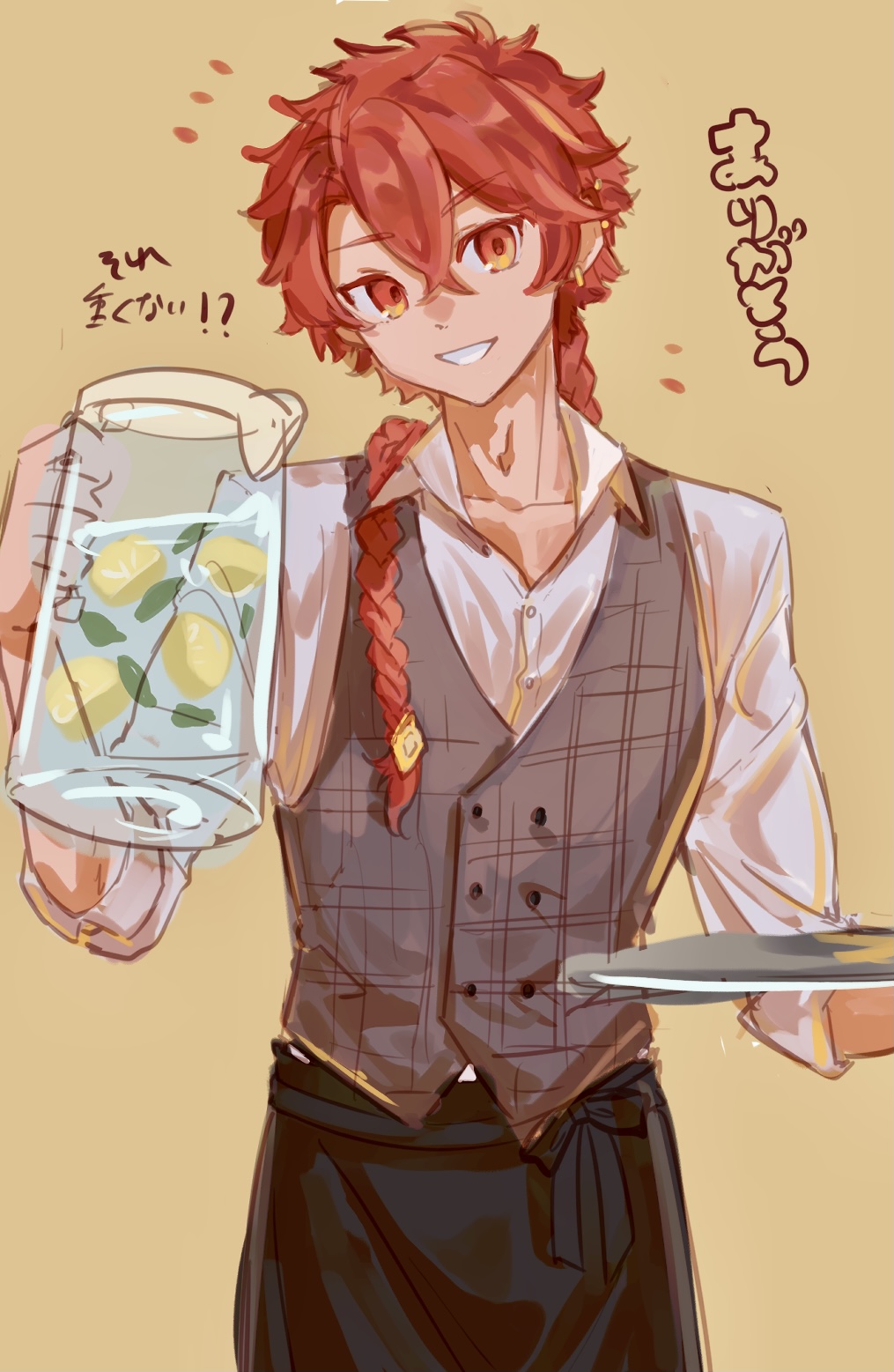 1boy alexander_(fate) apron black_apron brown_background buttons collarbone fate/grand_order fate_(series) food fruit grey_vest grin hair_between_eyes highres holding holding_pitcher holding_plate lemon lemon_slice looking_at_viewer male_focus orange_eyes plate red_hair shirt simple_background smile solo tokoni_fusu translation_request vest waist_apron water white_shirt