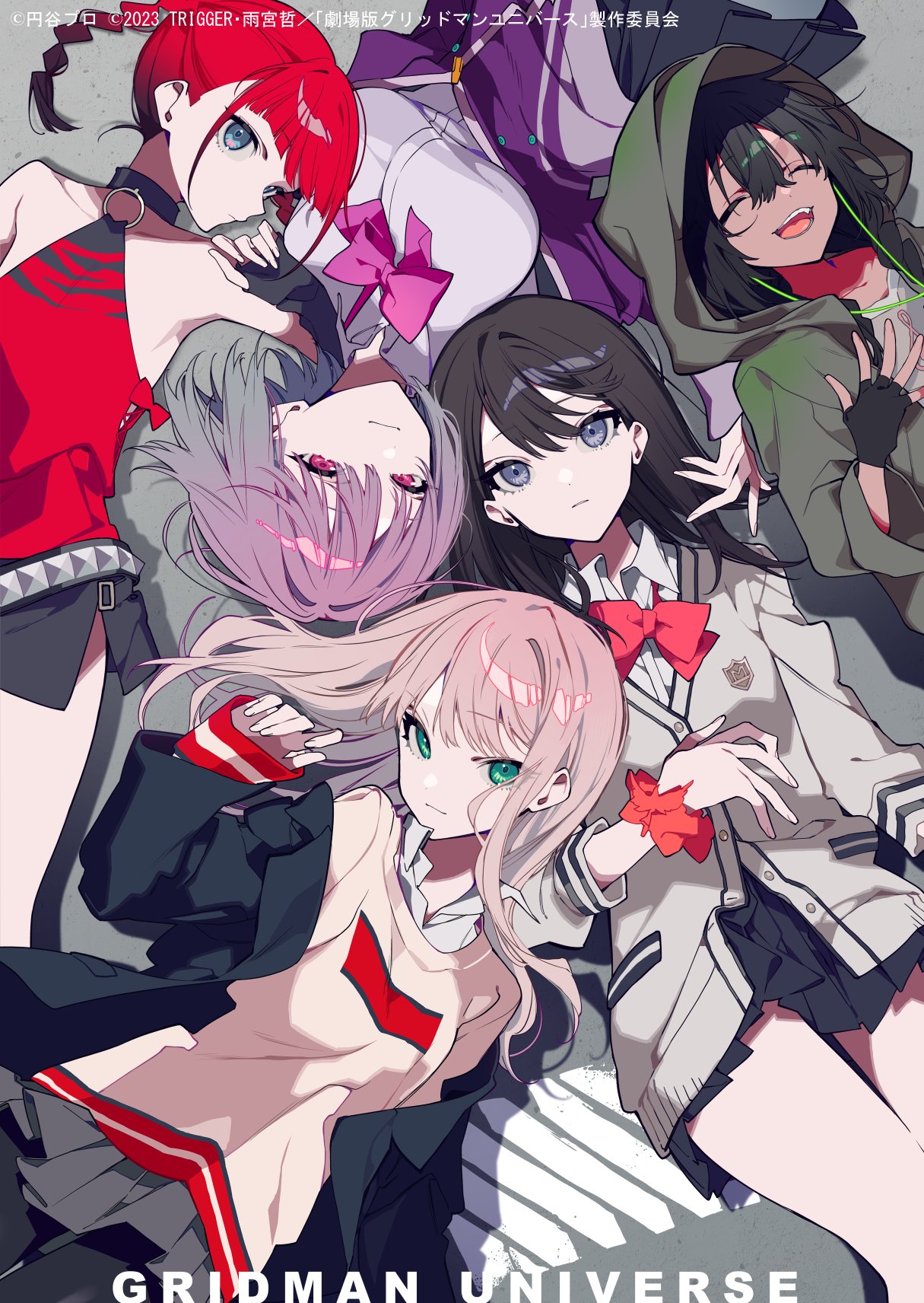 5girls :| asukagawa_chise belt black_choker black_hair black_jacket black_shorts blazer blue_eyes bob_cut bow bowtie character_request choker closed_mouth collared_shirt copyright_name dot_nose expressionless from_above gradient_hair green_eyes green_jacket grey_background grey_eyes grey_jacket grey_skirt gridman_universe gridman_universe_(film) hair_between_eyes highres hood hood_up hooded_jacket jacket light_brown_hair long_hair looking_at_viewer lying minami_yume mochizuki_kei multicolored_hair multiple_girls o-ring o-ring_top on_back open_clothes open_jacket pleated_skirt print_shirt purple_hair red_bow red_bowtie red_eyes red_hair red_shirt school_uniform shinjou_akane shirt short_hair shorts simple_background skirt sleeveless sleeveless_shirt sleeves_past_wrists studded_belt takarada_rikka
