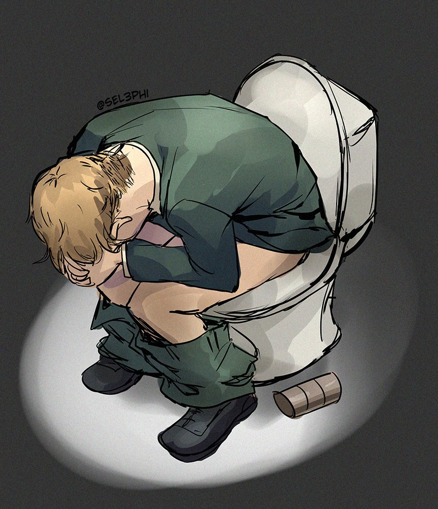 1boy artist_name blonde_hair clothes_pull green_jacket jacket long_sleeves male_focus meme pants pants_pull sel3phi shinji_in_a_chair_(meme) sitting solo spy_x_family toilet toilet_paper toilet_use twilight_(spy_x_family) twitter_username