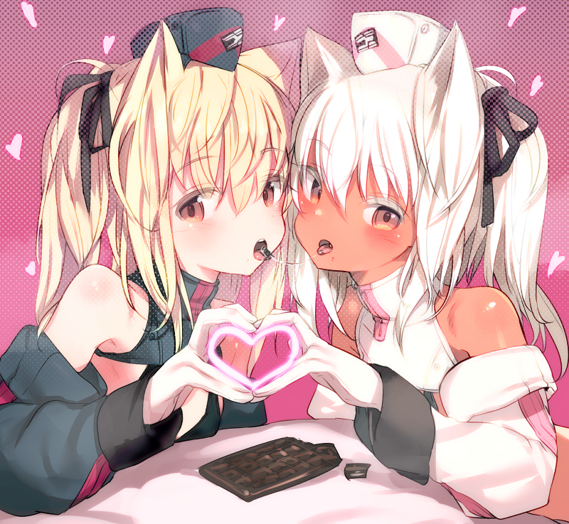 2girls after_kiss animal_ears bare_shoulders blonde_hair blush candy cat_ears cat_girl chocolate chocolate_bar commentary_request copyright_request food heart heart_hands heart_hands_duo long_sleeves looking_at_viewer multiple_girls open_mouth paid_reward_available red_eyes shimada_fumikane tan tongue tongue_out white_hair yuri