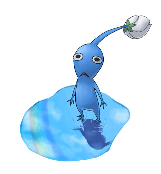 black_eyes blue_pikmin blue_skin blue_sky bud cloud colored_skin commentary_request looking_at_viewer naru_(wish_field) no_humans pikmin_(creature) pikmin_(series) puddle rainbow reflection reflective_water ripples simple_background sky solo triangle_mouth white_background