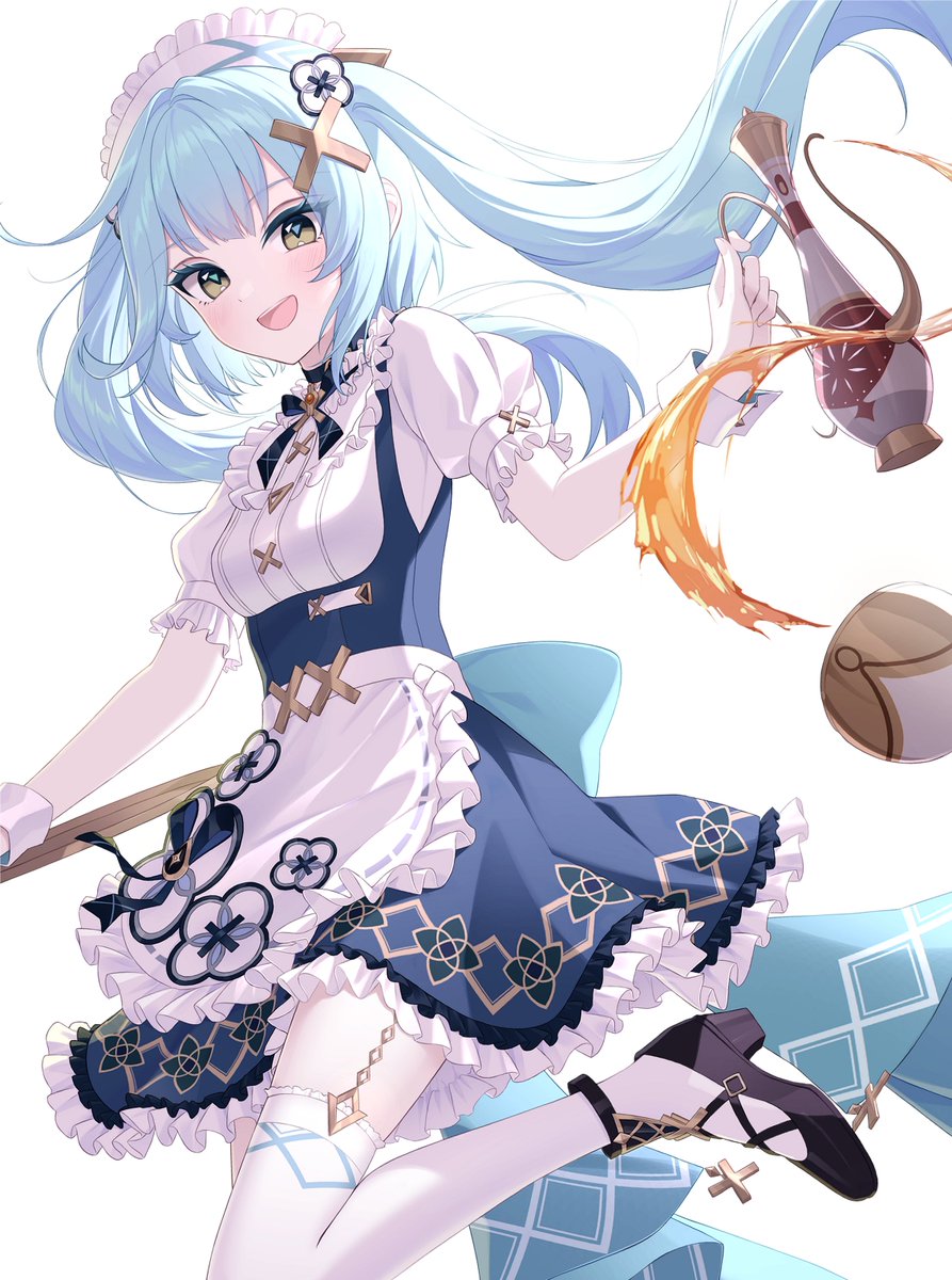 1girl :d alternate_costume apron black_footwear blue_hair blue_skirt blush breasts collared_shirt cup dot_nose enmaided faruzan_(cafe)_(genshin_impact) faruzan_(genshin_impact) floating_hair foot_out_of_frame frilled_apron frilled_shirt frilled_skirt frills from_side genshin_impact green_eyes highres holding holding_teapot long_bangs long_hair looking_at_viewer maid maid_headdress neneko_sleep open_mouth petticoat puffy_short_sleeves puffy_sleeves shirt shoes short_sleeves sidelocks simple_background skirt small_breasts smile solo suspender_skirt suspenders teacup teapot teeth thighhighs triangle-shaped_pupils twintails upper_teeth_only waist_apron white_apron white_background white_shirt white_thighhighs white_wrist_cuffs wrist_cuffs