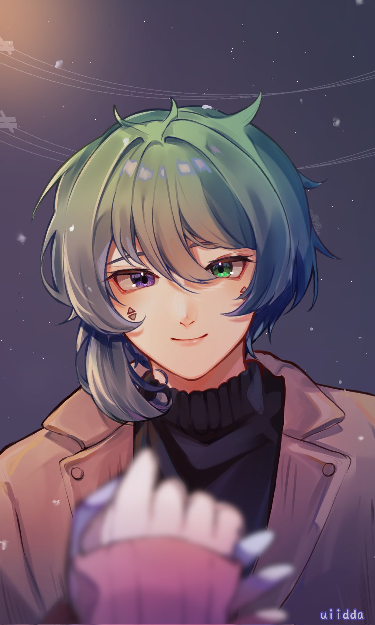 1boy 1other artist_name bishounen blurry brown_jacket commentary_request depth_of_field eyebrows_hidden_by_hair facial_hair green_eyes green_hair hand_grab heterochromia highres indonesian_commentary jacket male_focus original portrait pov pov_hands purple_eyes smile turtleneck uiidda