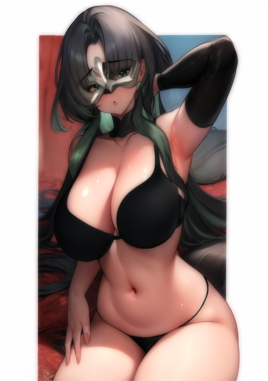 1girl arm_behind_head arm_up arm_warmers armpits azur_lane black_bra black_hair black_panties bra breasts cleavage domino_mask eye_mask highres huan_ch'ang_(azur_lane) iesyh large_breasts long_hair mask micro_panties midriff navel panties single_sleeve sitting string_panties underwear underwear_only