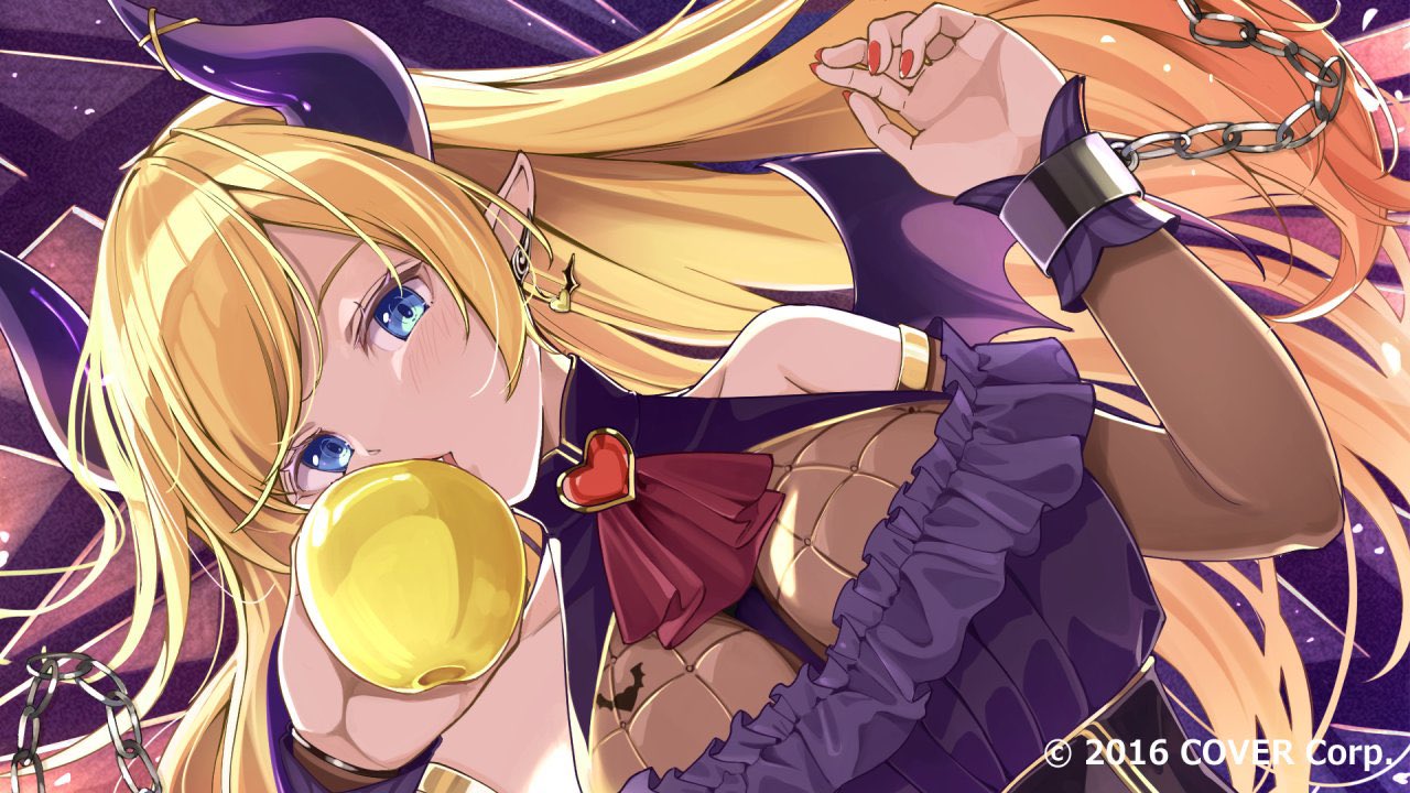 1girl anbasa_(amaneyuz13) apple ascot bare_shoulders blonde_hair blue_eyes breast_tattoo breasts chain chained chained_wrists cleavage_cutout clothing_cutout commentary demon_girl demon_horns demon_wings dress earrings food fruit golden_apple heart-shaped_ornament holding holding_food holding_fruit hololive horn_ornament horns jewelry long_hair looking_at_viewer lying pointy_ears purple_dress red_ascot red_nails single_earring solo swept_bangs tattoo virtual_youtuber wings yuzuki_choco