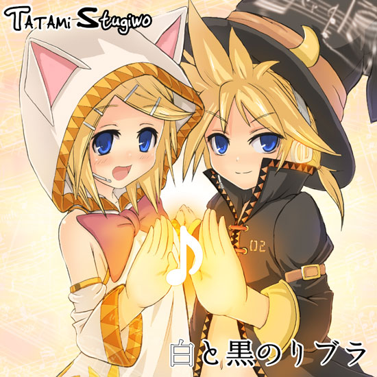 1girl animal_ears animal_hood black_mage blonde_hair blue_eyes blush brother_and_sister cat_ears cat_hood detached_sleeves eighth_note final_fantasy hair_ornament hairclip hat hood kagamine_len kagamine_rin magic mitsuki_yuuya musical_note open_mouth ponytail siblings smile smirk sorcerer spiked_hair translated twins vocaloid white_mage witch_hat