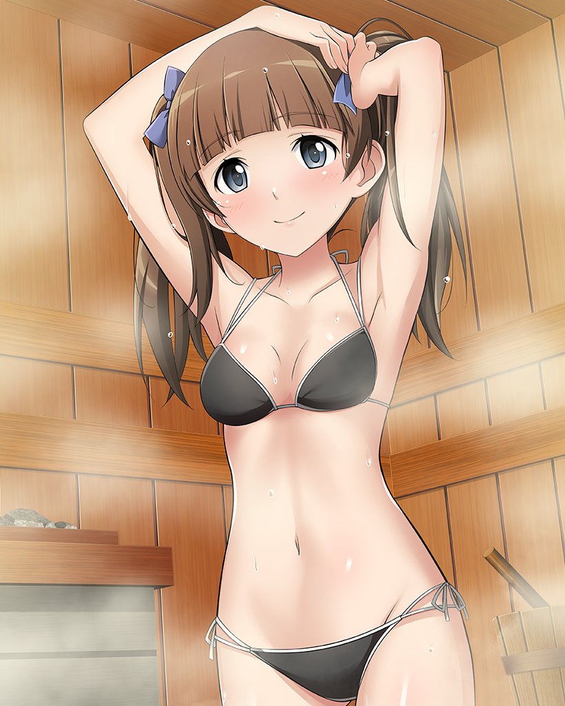 1girl armpits bikini black_bikini blue_eyes blush bow brave_witches breasts brown_hair closed_mouth collarbone georgette_lemare hair_bow indoors long_hair navel non-web_source official_art sauna small_breasts smile solo sweat swimsuit twintails world_witches_series