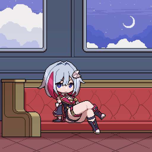 1girl black_gloves black_unitard blue_eyes blue_sky cloud couch crescent_moon crossed_legs detached_sleeves full_body gloves grey_hair hair_intakes hair_ornament honkai:_star_rail honkai_(series) indoors looking_back lunatic_club medium_hair moon multicolored_hair on_couch pixel_art raised_eyebrow red_hair sitting sky solo star_(sky) starry_sky streaked_hair thigh_strap tile_floor tiles topaz_(honkai:_star_rail) twilight