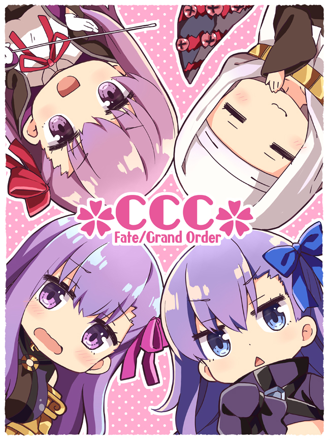 4girls bb_(fate) bb_(fate/extra) black_coat black_dress blue_eyes blue_ribbon blush border breasts chibi closed_eyes closed_mouth coat coif demon_pillar_(fate) dress facing_viewer fate/extra fate/extra_ccc fate/grand_order fate_(series) gloves gold_necklace hair_between_eyes hair_ribbon hand_up jewelry large_breasts long_hair long_sleeves looking_at_viewer meltryllis_(fate) multiple_girls neck_ribbon necklace open_clothes open_coat open_mouth outline passionlip_(fate) pink_background pink_ribbon purple_eyes purple_hair red_ribbon ribbon rioshi sessyoin_kiara shirt sleeves_past_fingers sleeves_past_wrists smile triangle_mouth white_border white_gloves white_outline white_shirt white_veil wide_sleeves