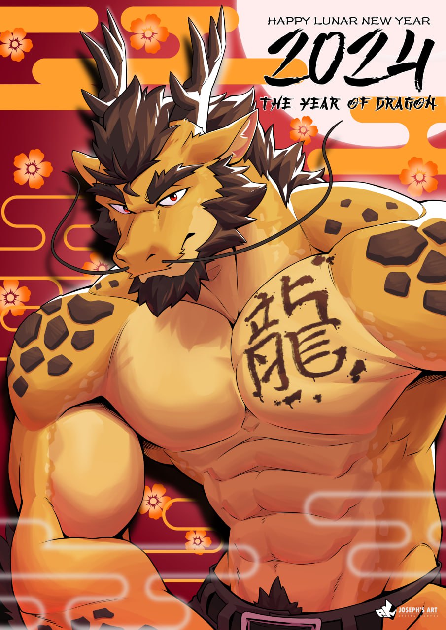 2024 abs anjing_kampuss anthro beard belt black_hair body_hair bottomwear clothing deltoids dragon eastern_dragon facial_hair flower hair happy_trail hi_res inner_ear_fluff looking_at_viewer lunar_new_year male markings muscular mythological_creature mythological_scalie mythology orange_body pants pecs plant red_eyes scales scalie shaded simple_background solo triceps tuft whiskers