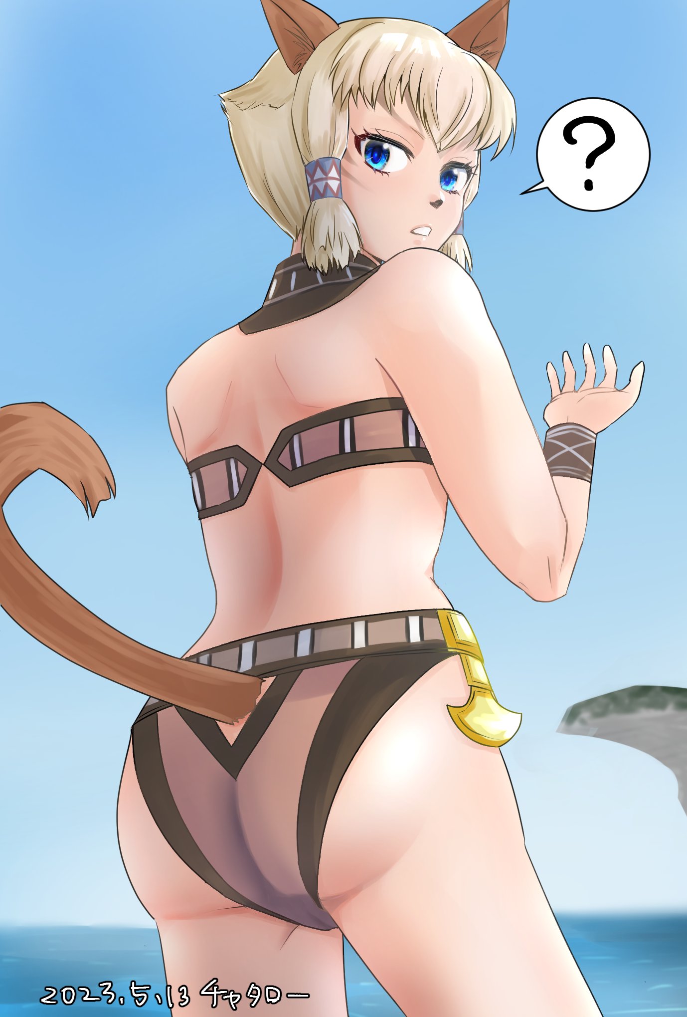 1girl 2023 ? adventurer_(ff11) animal_ears artist_name ass bare_shoulders blonde_hair blue_eyes bra brown_tail cat_ears cat_girl cat_tail chatarou_bekkan cowboy_shot dated facial_mark final_fantasy final_fantasy_xi hair_tubes hand_up highres mithra_(ff11) no_eyebrows panties short_hair solo speech_bubble spoken_question_mark tail tail_through_clothes underwear whisker_markings