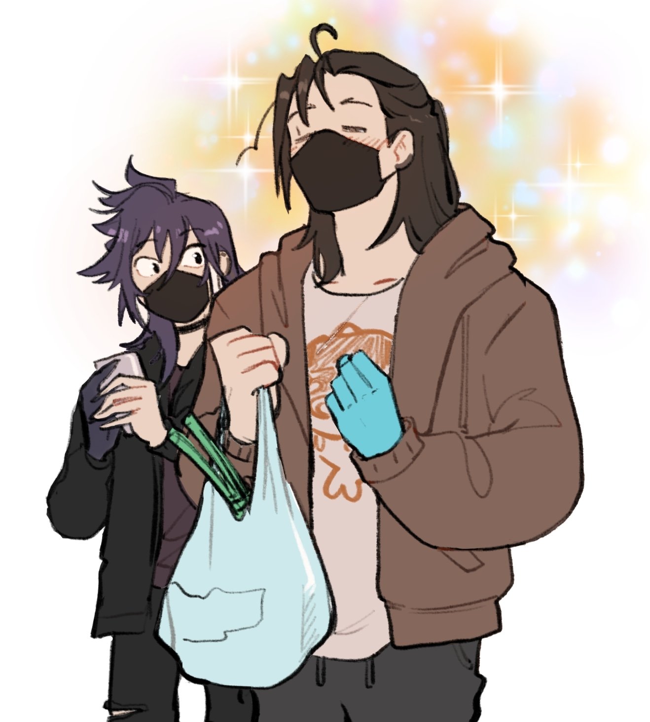 2boys ahoge bag banzoin_hakka black_choker black_hair blue_skin blush brown_hoodie choker closed_eyes colored_skin hair_between_eyes happy highres holding holding_bag holding_phone holostars holostars_english hood hoodie inchells josuiji_shinri long_hair looking_at_another mask mouth_mask multiple_boys phone purple_hair shopping_bag simple_background sketch sparkling_aura standing upper_body virtual_youtuber white_background