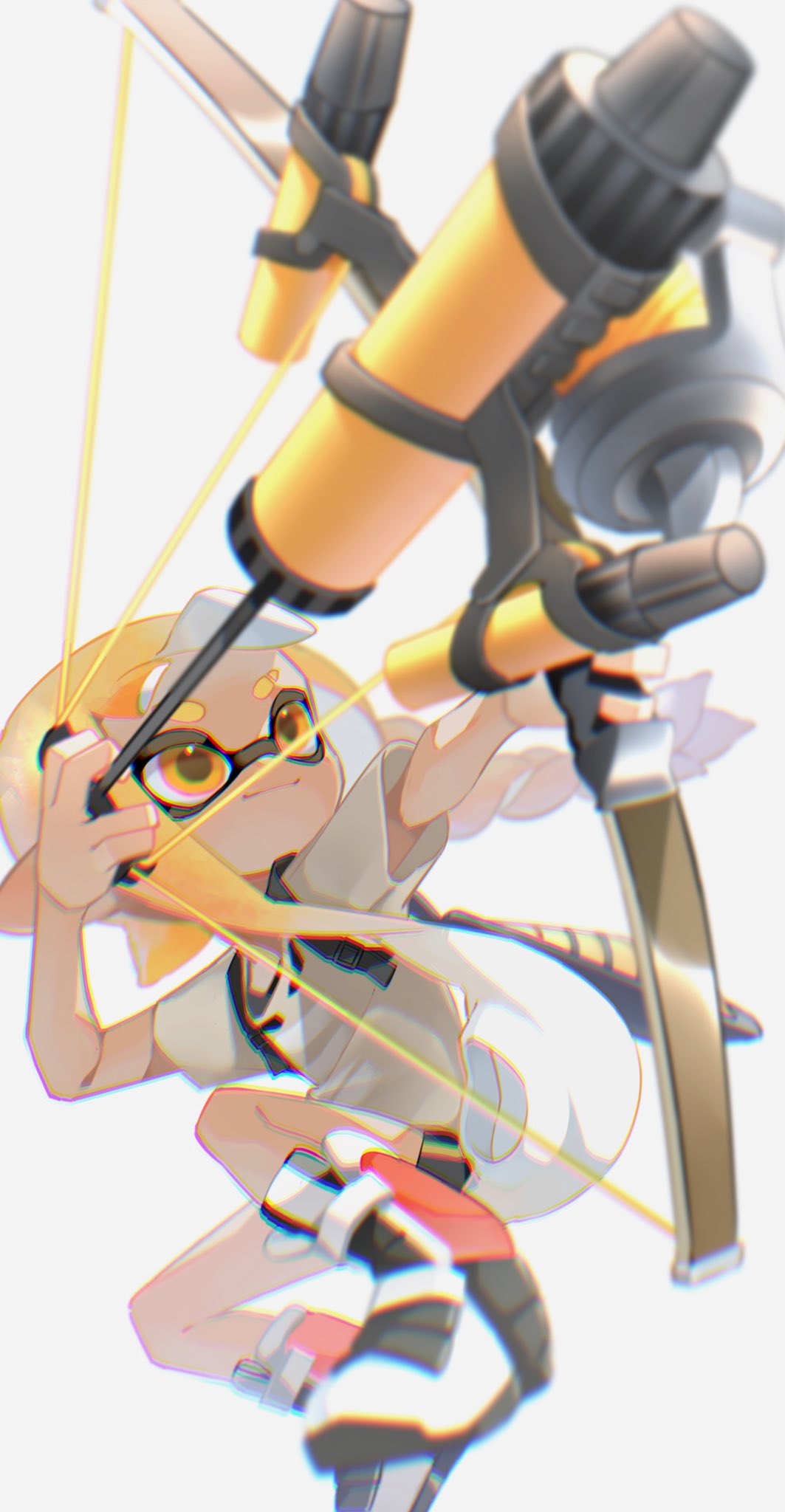 05_ruri 1girl aiming asymmetrical_hair bike_shorts black_shorts blonde_hair boots bow_(weapon) braid eyebrow_cut full_body highres holding holding_bow_(weapon) holding_weapon ink_tank_(splatoon) inkling inkling_girl inkling_player_character jumping long_hair looking_ahead multicolored_footwear outstretched_arms pointy_ears shirt shorts single_braid smile solo splatoon_(series) splatoon_3 suction_cups tentacle_hair tri-stringer_(splatoon) very_long_hair weapon white_background white_footwear white_shirt yellow_eyes