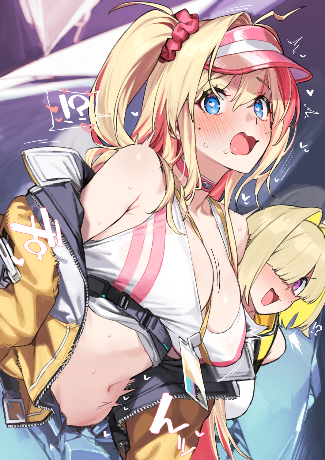 !? 2girls 92m :d arms_behind_back bare_shoulders blonde_hair blue_eyes blue_pants breasts choker cleavage colored_inner_hair cowboy_shot crop_top cropped_shirt elegg_(nikke) from_side goddess_of_victory:_nikke hair_intakes hair_ornament hair_over_one_eye hair_scrunchie heart heart-shaped_pupils highres id_card jacket lanyard large_breasts leaning_forward liveryn_(nikke) long_hair looking_at_viewer mole mole_under_eye motion_lines multicolored_hair multiple_girls navel off_shoulder one_eye_covered open_clothes open_jacket open_mouth pants pink_eyes red_choker red_hair red_scrunchie scrunchie smile stomach streaked_hair symbol-shaped_pupils trembling twintails yellow_jacket
