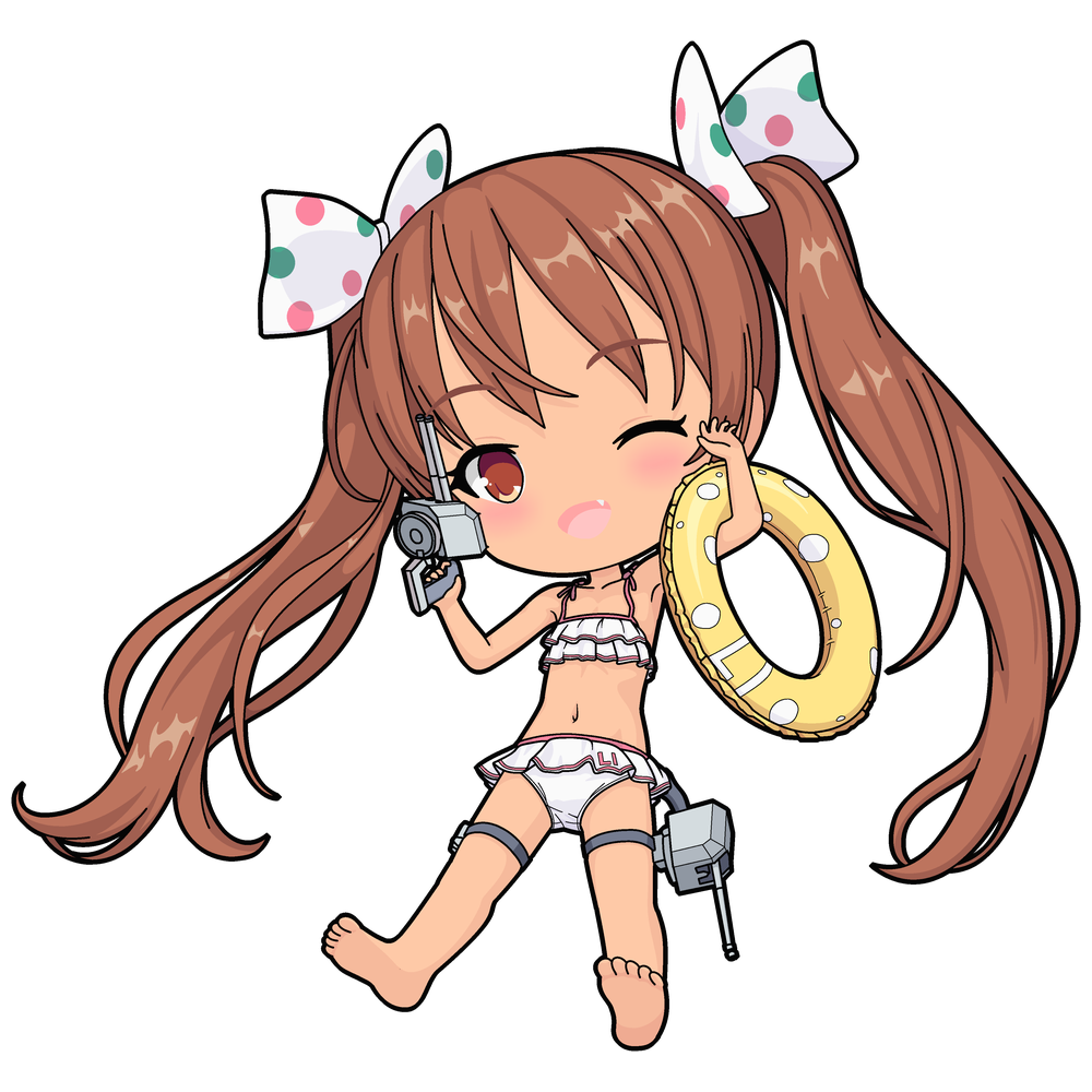 1girl ;d adapted_turret bare_shoulders barefoot bikini brown_eyes brown_hair dark-skinned_female dark_skin drink fang feet food full_body gun hair_ribbon holding holding_gun holding_weapon innertube kantai_collection libeccio_(kancolle) long_hair looking_at_viewer navel official_alternate_costume one-take one_eye_closed open_mouth ribbon shaved_ice smile soles solo swim_ring swimsuit thigh_strap turret twintails weapon white_bikini