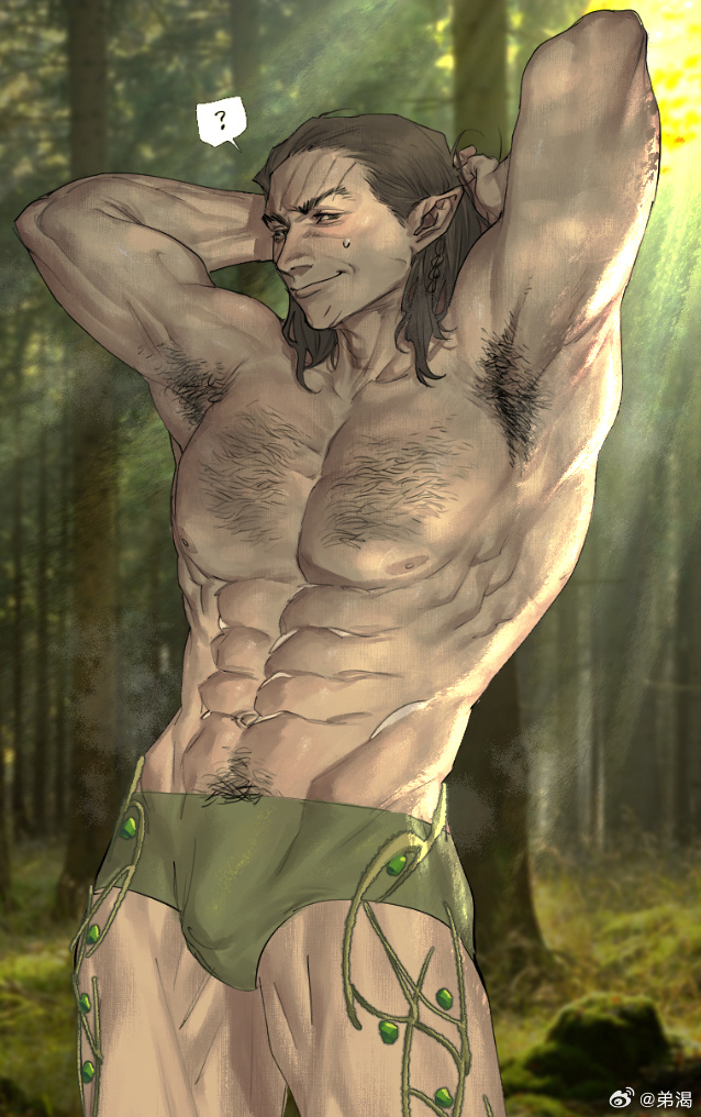 1boy ? abs armpits arms_behind_head baldur's_gate baldur's_gate_3 bara blush briefs brown_hair bulge cowboy_shot dungeons_&amp;_dragons elf forest green_male_underwear hairy halsin large_pectorals male_focus male_underwear mature_male medium_hair muscular muscular_male nature navel navel_hair nipples pectorals pointy_ears poopvirus solo sparse_chest_hair sparse_navel_hair spoken_question_mark standing stomach sunlight thick_eyebrows topless_male underwear